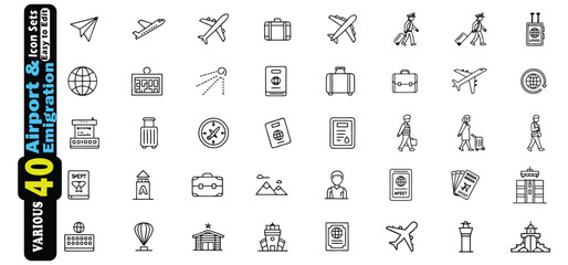 Black and White Airport and Emigration Icons Collection on White Background travel