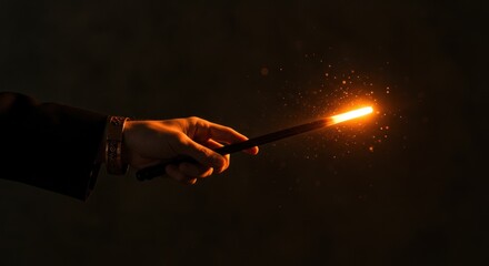 A hand holding a glowing magic wand, casting a spell in a dark setting.