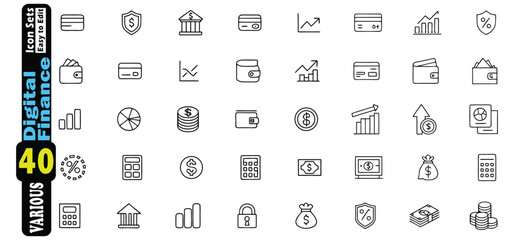 Collection of 40 black and white line art icons for digital finance vector