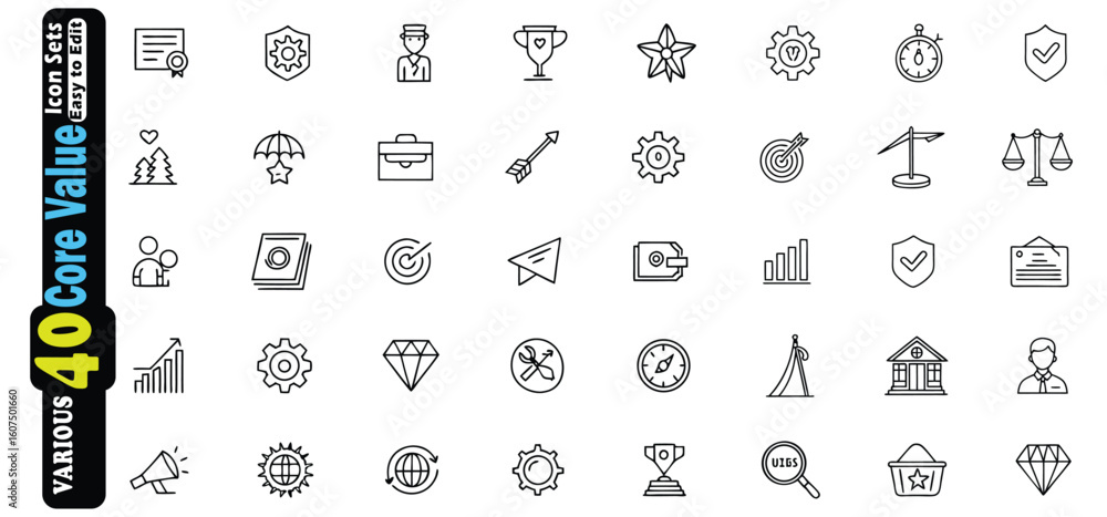 Poster collection of 40 thin line icons representing business and core values icon set award