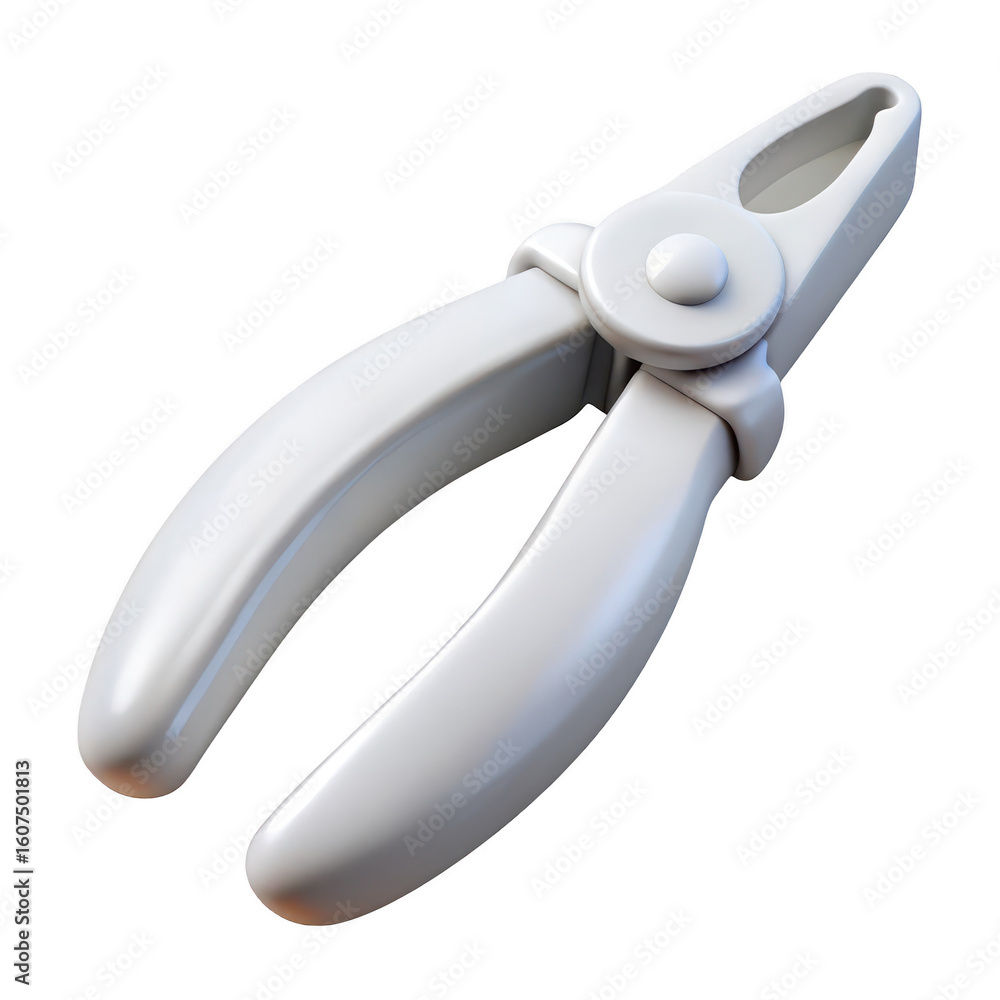 Poster a detailed rendering of a smooth white plier tool with a pivot point and curved handles isolated on 