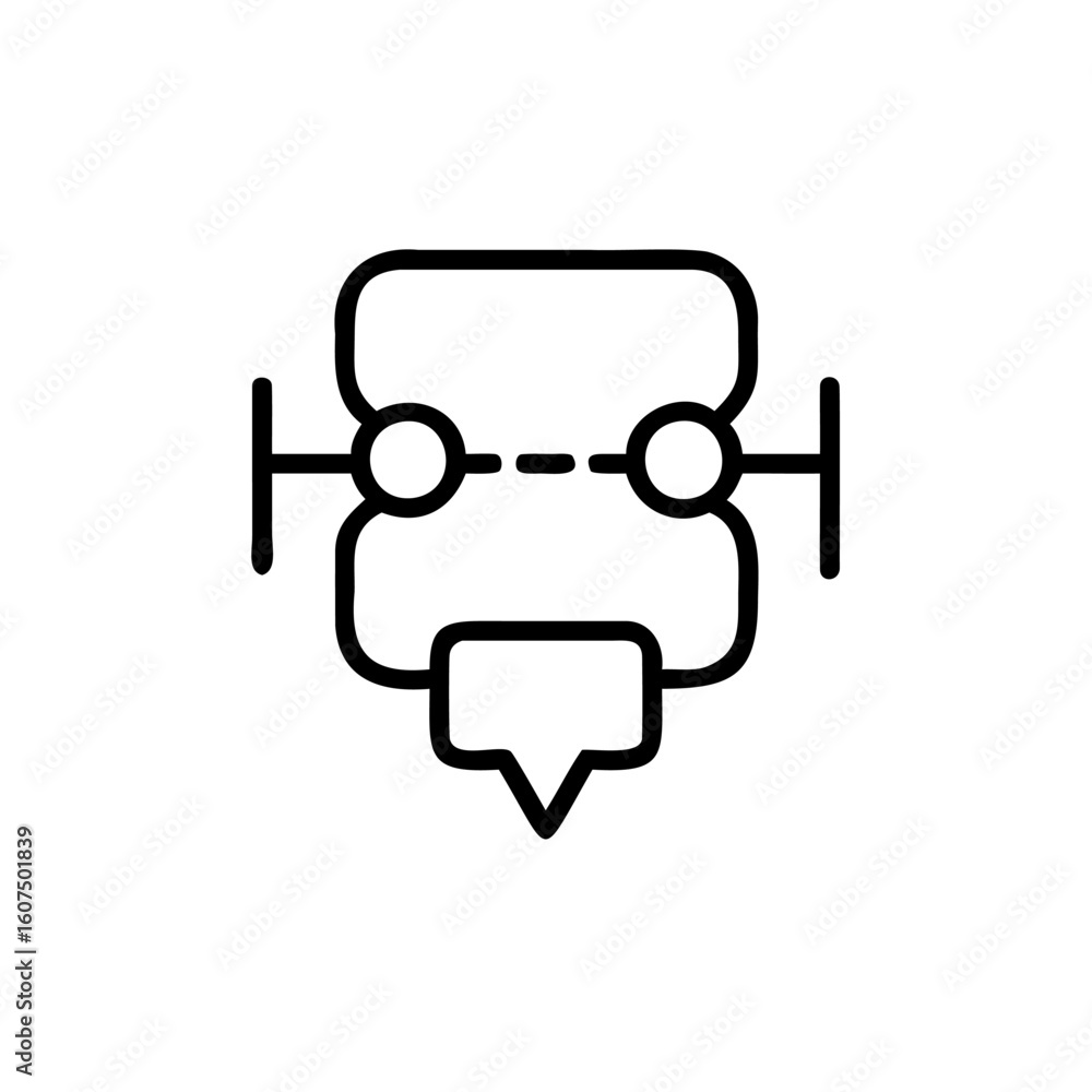 Poster outline icon representing peer to peer communication with speech bubble connection
