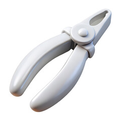 A detailed rendering of a smooth white plier tool with a pivot point and curved handles isolated on transparent background