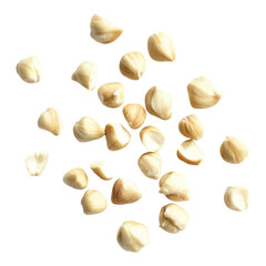 Scattered shelled raw hazelnuts food