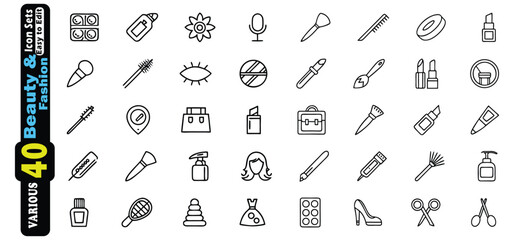 Collection of Black Outline Beauty and Fashion Icons on White Background makeup lipstick