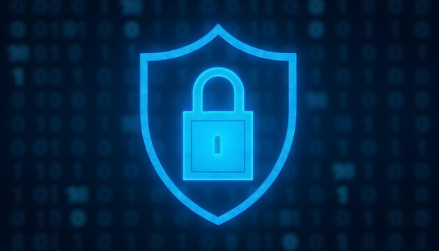 Glowing blue shield padlock digital art security protection