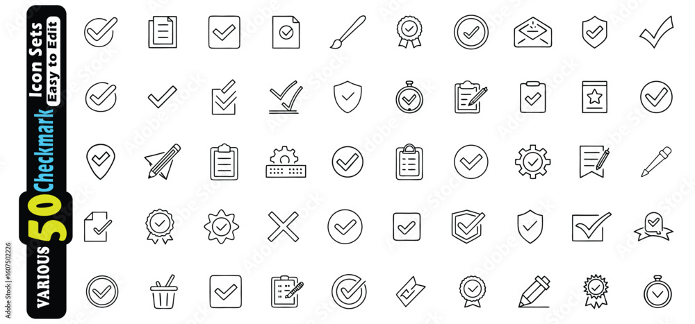 Poster collection of fifty outline checkmark icons and symbols tick accept