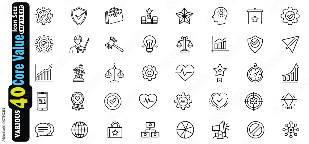 Poster collection of forty black outline icons representing core values and business concepts