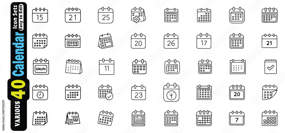 Poster collection of various calendar icons with numbers and symbols date 1