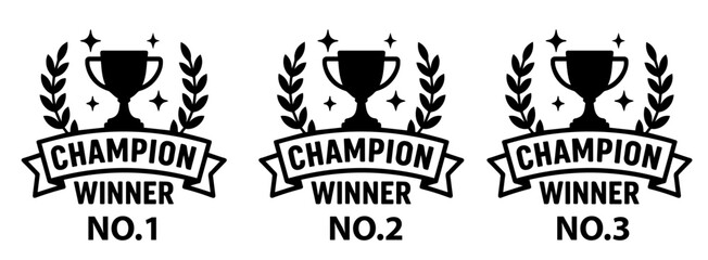 Champion Winner Trio Black Vector Set, Silhouettes of Victorious Poses with Trophies and Medals, Editable Formats: AI, EPS, JPG, PNG, Ideal for Both Digital and Print Use
