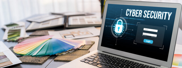 Interior designer workspace table and architecture software on laptop screen with mood board materials and colorful swatch color for color selection. Modern interior design office. Insight