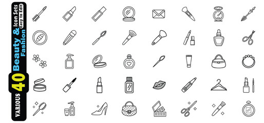 Collection of Outline Icons for Beauty and Fashion Products and Accessories vector