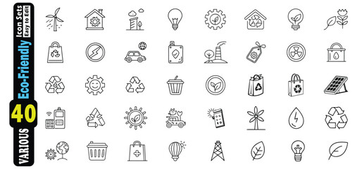 Eco friendly icons set with wind turbine solar panel recycling symbol and light bulb