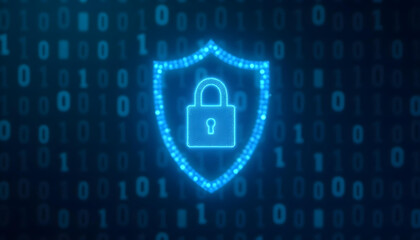 Glowing blue shield padlock digital art security protection