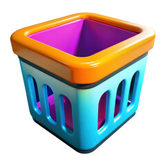 Vibrant stylized shopping basket with orange rim and blue body isolated on transparent background