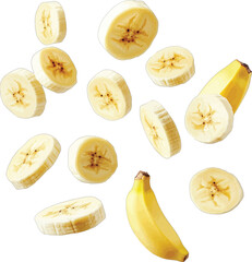 Sliced yellow bananas falling fruit food
