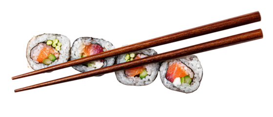 Four sushi rolls, held by chopsticks, are arranged in a diagonal line