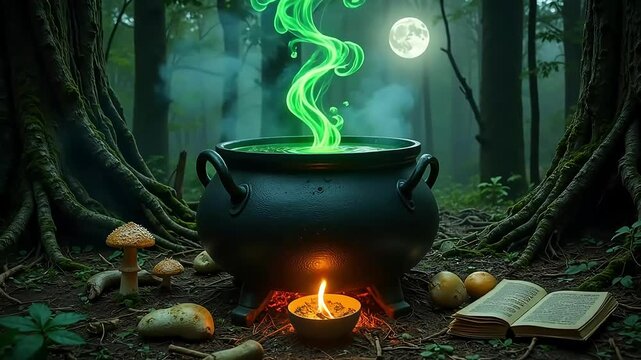 Mystical forest scene with glowing cauldron and full moon, evoking magic and enchantment.