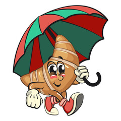 funny croissant mascot character walking with an umbrella in sneakers, cute bakery bread cartoon vector isolated illustration, work of hand drawn