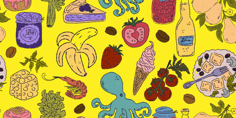 The Dolce Vita collection is a whimsical seamless pattern with vibrant color accents, inspired by the Mediterranean lifestyle. Hand-drawn sketch style