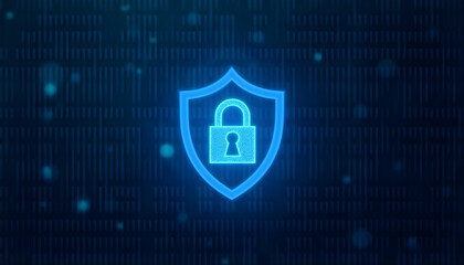 Glowing blue shield with padlock digital security digital art