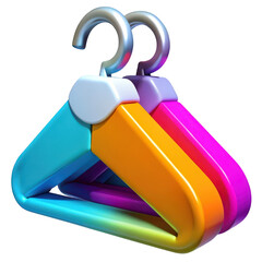 Three colorful plastic clothing hangers stacked together in a vibrant arrangement isolated on transparent background