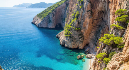 Dramatic coastal cliffs meet crystal clear turquoise waters under a bright sunny sky