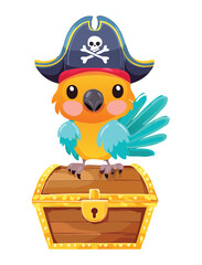 Valiant Pirate Parrot On Treasure Chest Blue Yellow
