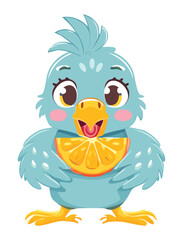 Sweet Baby Bird Holding Orange Slice Head Tilted