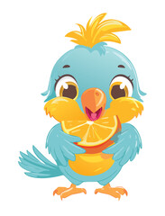 Adorable Baby Bird Holding Tasty Orange Slice