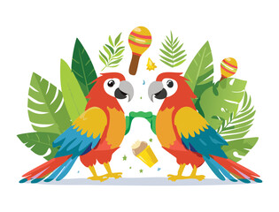 Cheerful Parrots With Maracas Surrounded By Leaves