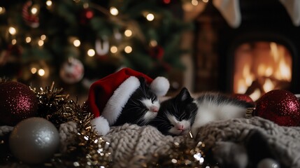 Festive slumber: Kittens napping amidst holiday cheer and crackling fireplace