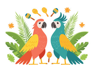 Two Colorful Parrots In Tropical Environment