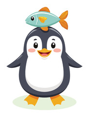 Cute Penguin Character With Fish On Head