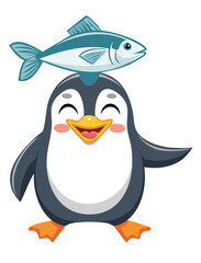 Cheerful Penguin With Fish On Head Waving