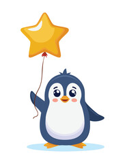 Cheerful Penguin Waving While Holding Star Balloon