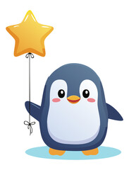 Happy Penguin Holding a Shining Star Balloon