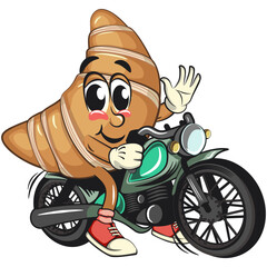 funny croissant mascot character riding a big motorcycle in sneakers, cute bakery bread cartoon vector isolated illustration, work of hand drawn