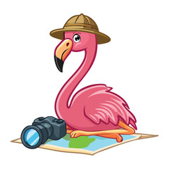 Pink Flamingo Explorer with Binoculars on Map