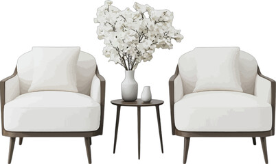 Two white armchairs with a side table and floral arrangement cream brown