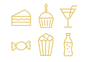 Yellow thin line icons of party treats like cake, cupcake, and candy. Perfect for birthday invites, events, and celebration graphics.