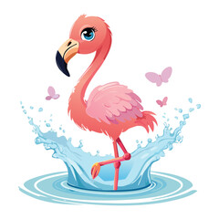 Cute Flamingo Splashing in Water with Butterflies