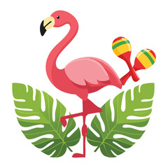Festive Flamingo With Maracas Amidst Tropical Leaves