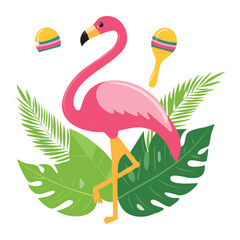 Festive Flamingo With Maracas Amidst Tropical Leaves