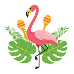 Festive Flamingo With Maracas Amidst Tropical Leaves