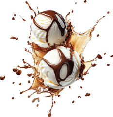 Vanilla ice cream scoops with chocolate sauce splash vector