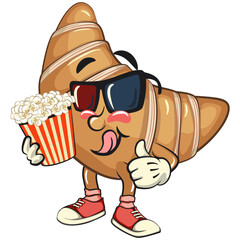 funny croissant mascot character with a bucket of popcorn with wearing 3d glasses in sneakers, cute bakery bread cartoon vector isolated illustration, work of hand drawn