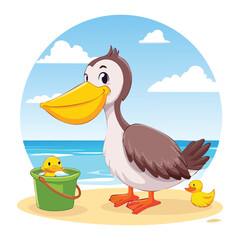 Pelican Playing with Sand Toys on Beach