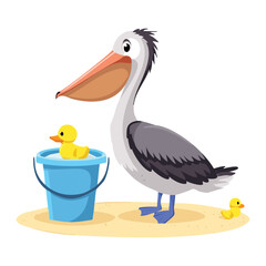 Pelican Preparing for Beach Day with Ducks