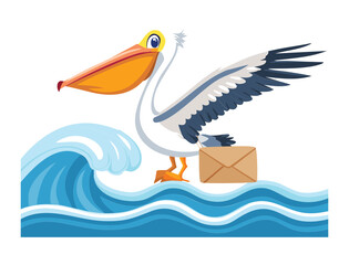 Pelican Delivering Package Across Ocean Waves Illustration